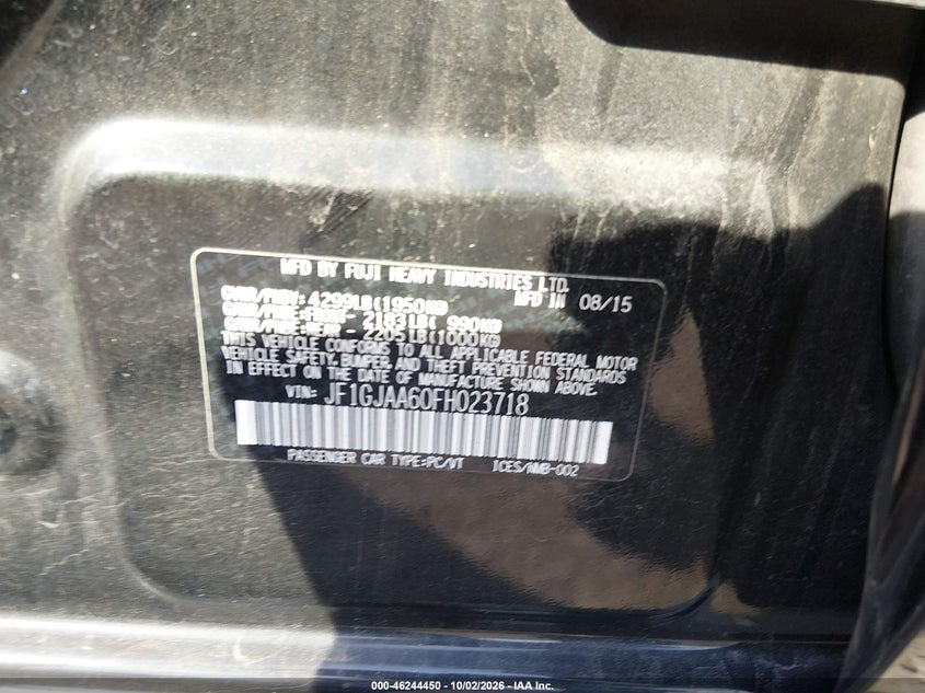 2015 Subaru Impreza VIN JF1GJAA60FH023718 IAAI salvage auction — FRONT END, Salvage Title, sold $175 on 2026-10-21 (photo 9)