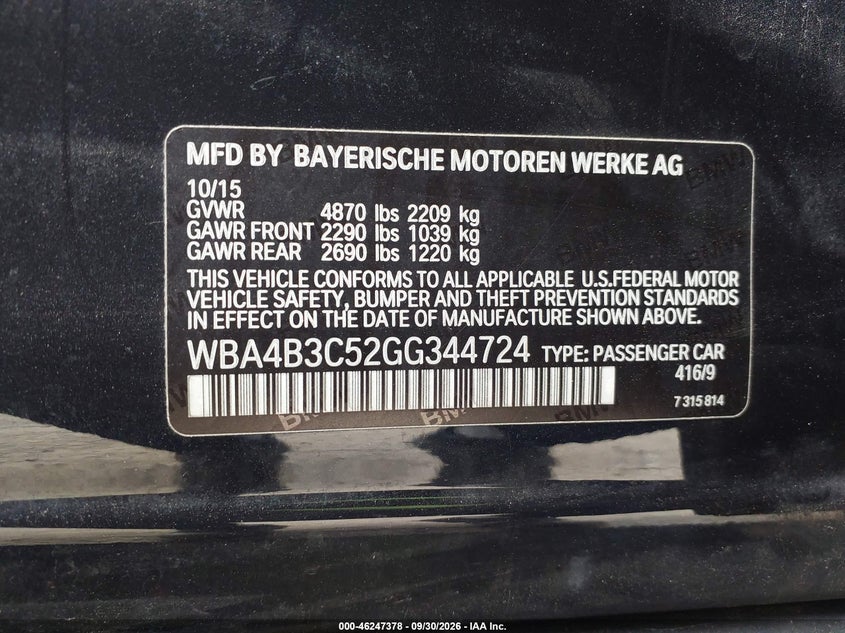 2016 BMW 4er VIN WBA4B3C52GG344724 IAAI salvage auction — FRONT END, Salvage (Idaho), sold $7,050 on 2026-10-15 (photo 9)