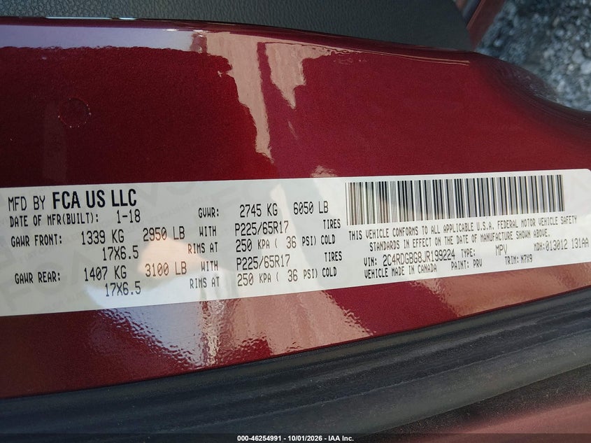 2018 Dodge Caravan VIN 2C4RDGBG8JR199224 IAAI salvage auction — NORMAL WEAR, Clear (South Carolina), sold $1,800 on 2026-10-11 (photo 9)
