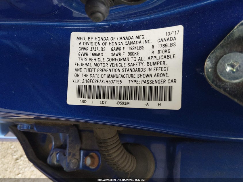2018 Honda Civic VIN 2HGFC2F7XJH507195 IAAI salvage auction — NORMAL WEAR, Clear (Pennsylvania), sold $3,000 on 2026-10-05 (photo 9)