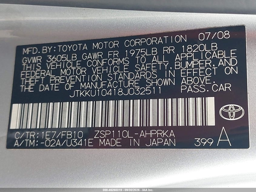 2008 Scion xD VIN JTKKU10418J032511 IAAI salvage auction — Normal Wear & Tear, Clear, sold $1,100 on 2026-10-15 (photo 9)