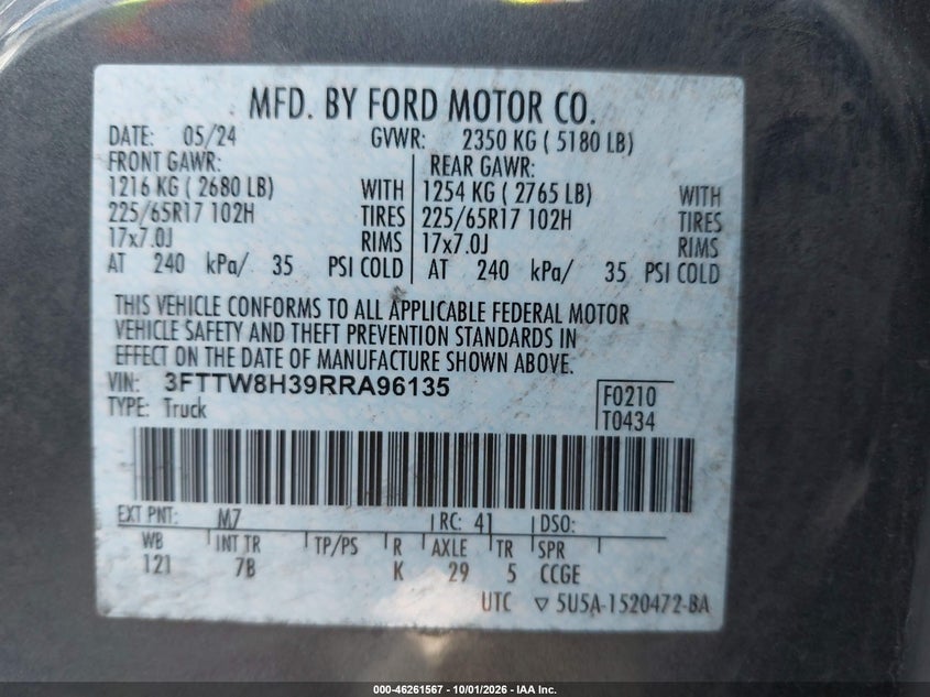 2024 Ford Maverick VIN 3FTTW8H39RRA96135 IAAI salvage auction — SIDE, Clear (New Mexico), sold $14,000 on 2026-10-19 (photo 9)