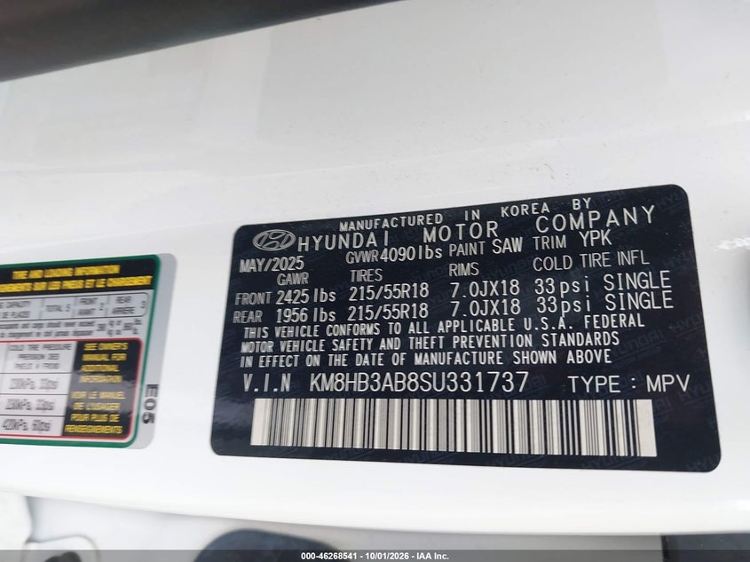2025 Hyundai Kona VIN KM8HB3AB8SU331737 IAAI salvage auction — FRONT END, Enterprise Vehicles Clear Only (Florida), sold $12,000 on 2026-10-08 (photo 9)