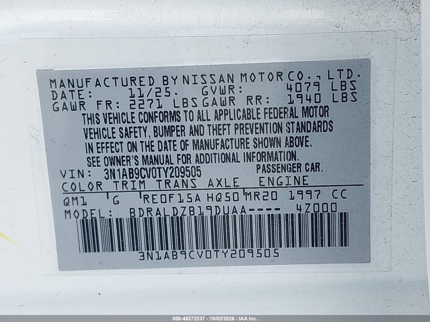 2026 Nissan Sentra VIN 3N1AB9CV0TY209505 IAAI salvage auction — RIGHT FRONT, Enterprise Vehicles Clear Only (Florida), sold $9,600 on 2026-10-08 (photo 9)
