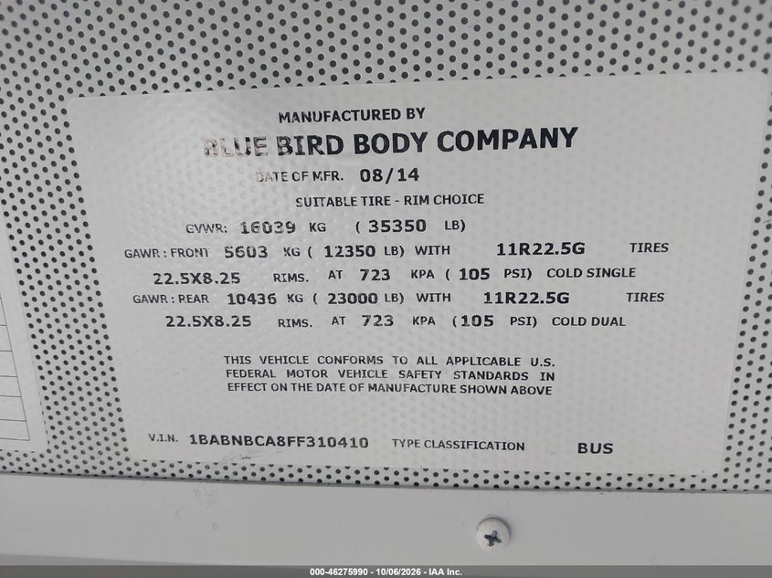 2015 Blue bird School bus / transit bus VIN 1BABNBCA8FF310410 IAAI salvage auction — NORMAL WEAR, SF97 (Oregon), sold $22,600 on 2026-10-22 (photo 9)