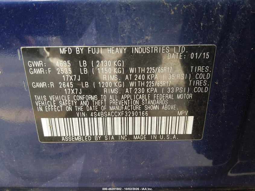 2015 Subaru Outback VIN 4S4BSACCXF3290166 IAAI salvage auction — NORMAL WEAR, Clear (Connecticut), sold $900 on 2026-10-24 (photo 9)