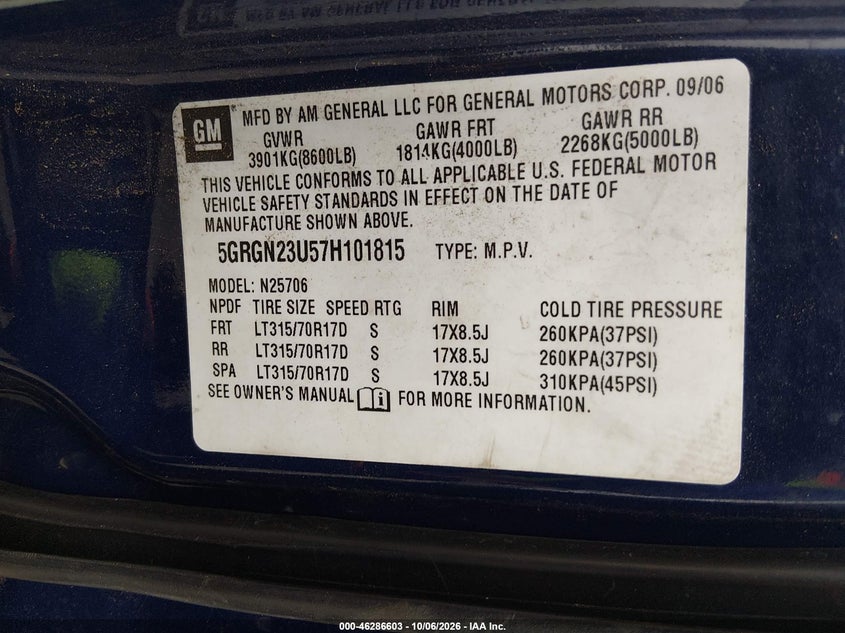 2007 Hummer H2 VIN 5GRGN23U57H101815 IAAI salvage auction — BIO HAZARD, Bill Of Sale (Washington), sold $1,250 on 2026-10-21 (photo 9)
