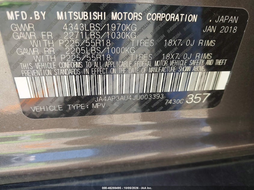 2018 Mitsubishi Outlander VIN JA4AP3AU4JU003393 IAAI salvage auction — Normal Wear & Tear, Clear, sold $2,025 on 2026-10-19 (photo 9)