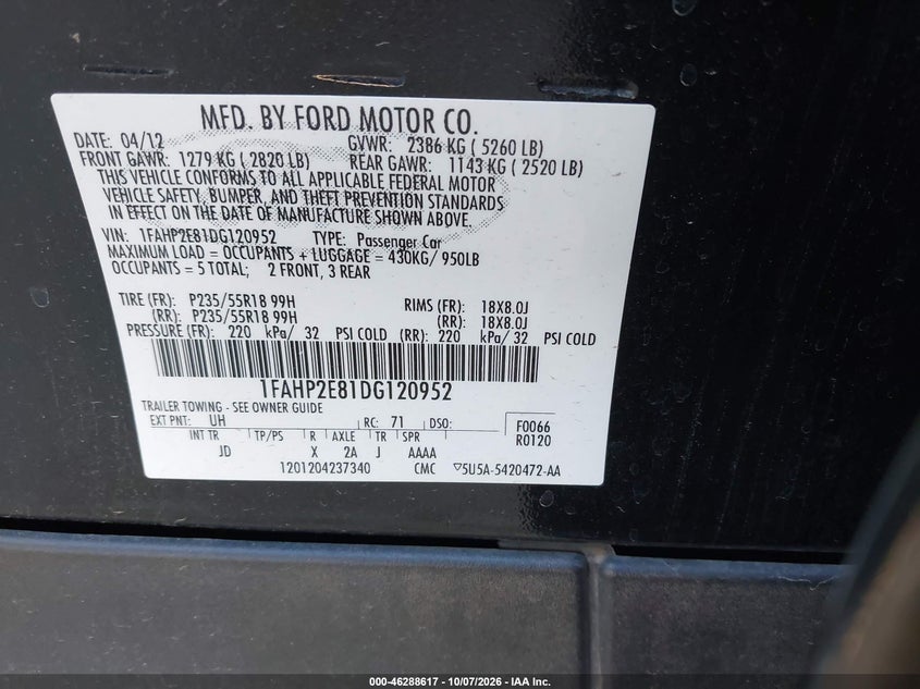 2013 Ford Taurus VIN 1FAHP2E81DG120952 IAAI salvage auction — Normal Wear & Tear, Clear, sold $975 on 2026-10-19 (photo 9)
