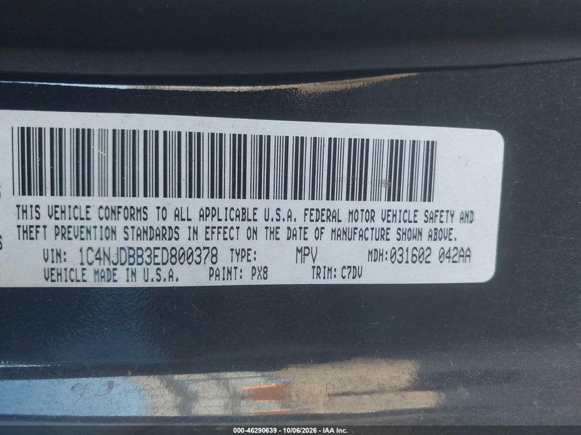 2014 Jeep Compass VIN 1C4NJDBB3ED800378 IAAI salvage auction — SIDE, Salvage (Louisiana), sold $25 on 2026-10-27 (photo 9)