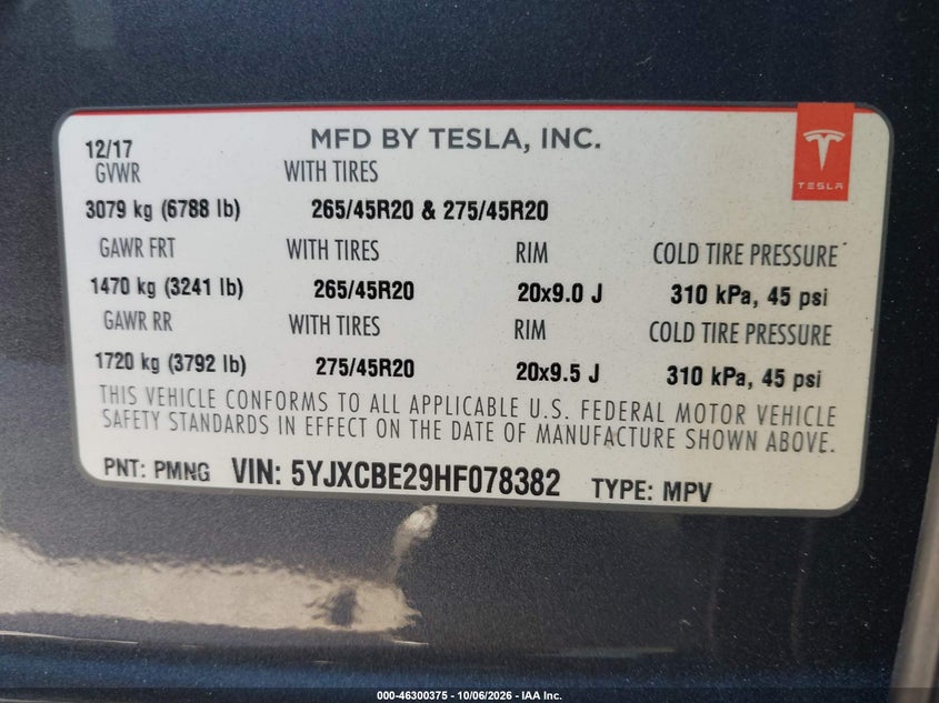 2017 Tesla Model x VIN 5YJXCBE29HF078382 IAAI salvage auction — REAR END, Wait Title, sold $10,200 on 2026-10-25 (photo 9)