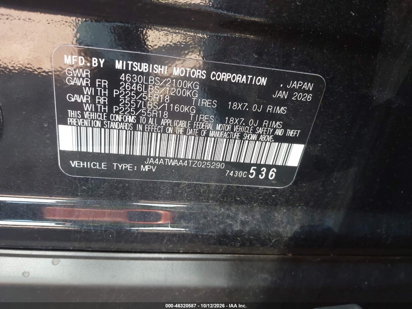 2026 Mitsubishi Eclipse cross VIN JA4ATWAA4TZ025290 IAAI salvage auction — FRONT END, Enterprise Vehicles Clear Only (Louisiana), sold $7,625 on 2026-10-14 (photo 9)