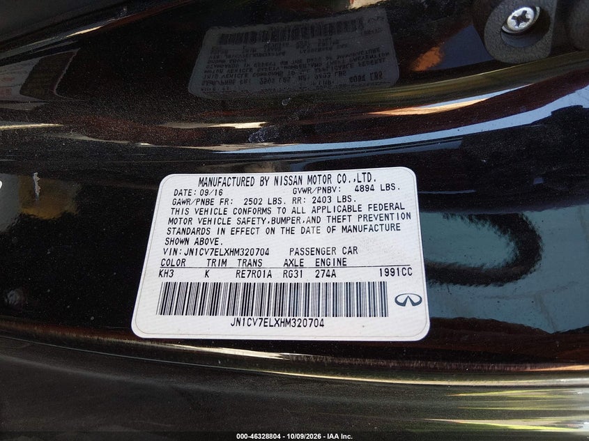 2017 Infiniti Q60 VIN JN1CV7ELXHM320704 IAAI salvage auction — NORMAL WEAR, Salvage (Pennsylvania), sold $750 on 2026-10-23 (photo 9)