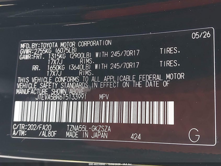 2026 Toyota 4runner VIN JTEVA5BR6T5133991 IAAI salvage auction — NORMAL WEAR, Certificate Of Destruction (Florida), sold $39,500 on 2026-10-23 (photo 9)