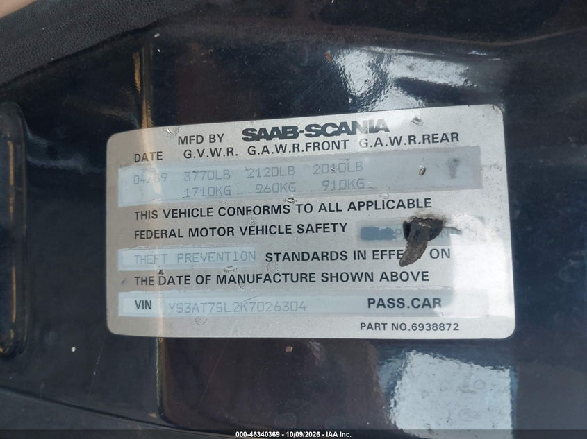 1989 Saab 900 VIN YS3AT75L2K7026304 IAAI salvage auction — NORMAL WEAR, Clear (New Jersey), sold $425 on 2026-10-26 (photo 9)