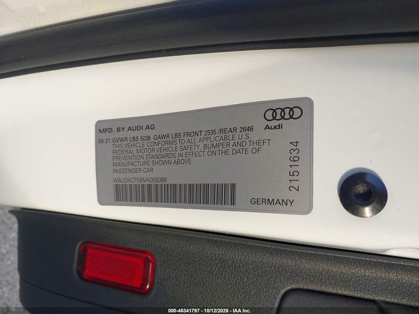 2021 Audi A5 VIN WAUDACF55MA059366 IAAI salvage auction — SIDE, Clear (Illinois), sold $5,250 on 2026-10-22 (photo 9)