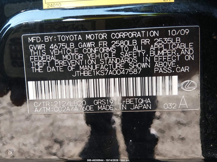 2010 Lexus Gs 350 VIN JTHBE1KS7A0047587 IAAI salvage auction — NORMAL WEAR, Clear (Maryland), sold $0 on 2026-10-22 (photo 9)