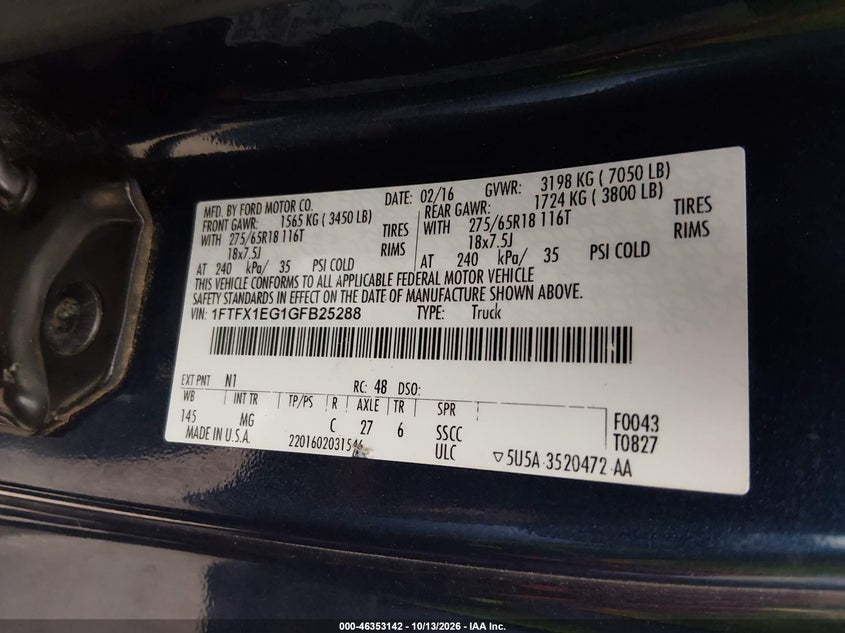 2016 Ford F-150 VIN 1FTFX1EG1GFB25288 IAAI salvage auction — THEFT, Clear (North Carolina), sold $25 on 2026-10-20 (photo 9)
