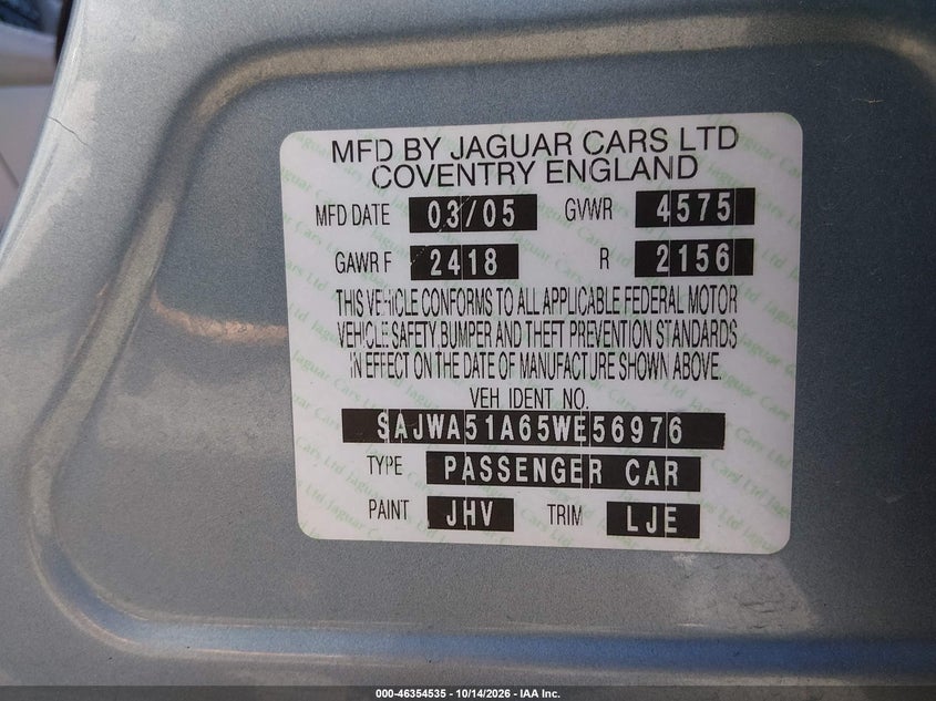 2005 Jaguar X type VIN SAJWA51A65WE56976 IAAI salvage auction — NORMAL WEAR, Clear (Nevada), sold $350 on 2026-10-16 (photo 9)