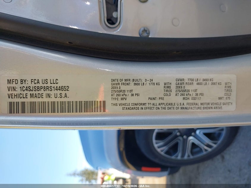 2024 Jeep Wagoneer VIN 1C4SJSBP8RS144652 IAAI salvage auction — REAR END, Enterprise Vehicles Clear Only (Washington), sold $0 on 2026-10-18 (photo 9)