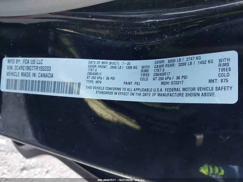 2026 Chrysler Pacifica VIN 2C4RC1BG7TR155203 IAAI salvage auction — FRONT END, Wait Title, sold $0 on 2026-10-26 (photo 9)
