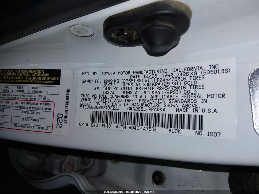 2006 Toyota Tacoma VIN 5TEJU62N36Z193211 IAAI salvage auction — FRONT END, Salvage (Arizona), sold $1,350 on 2026-07-28 (photo 9)