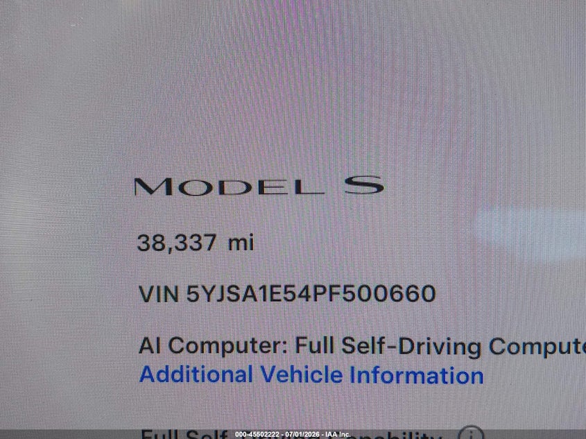 2023 Tesla Model s VIN 5YJSA1E54PF500660 IAAI salvage auction — LEFT FRONT, Salvage Title, sold $13,600 on 2026-07-30 (photo 7)