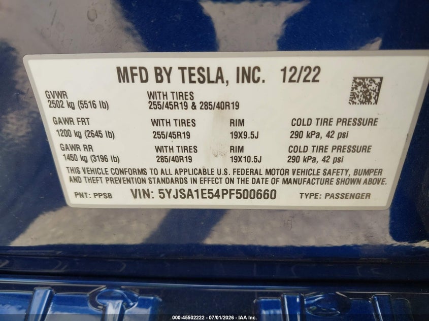 2023 Tesla Model s VIN 5YJSA1E54PF500660 IAAI salvage auction — LEFT FRONT, Salvage Title, sold $13,600 on 2026-07-30 (photo 9)