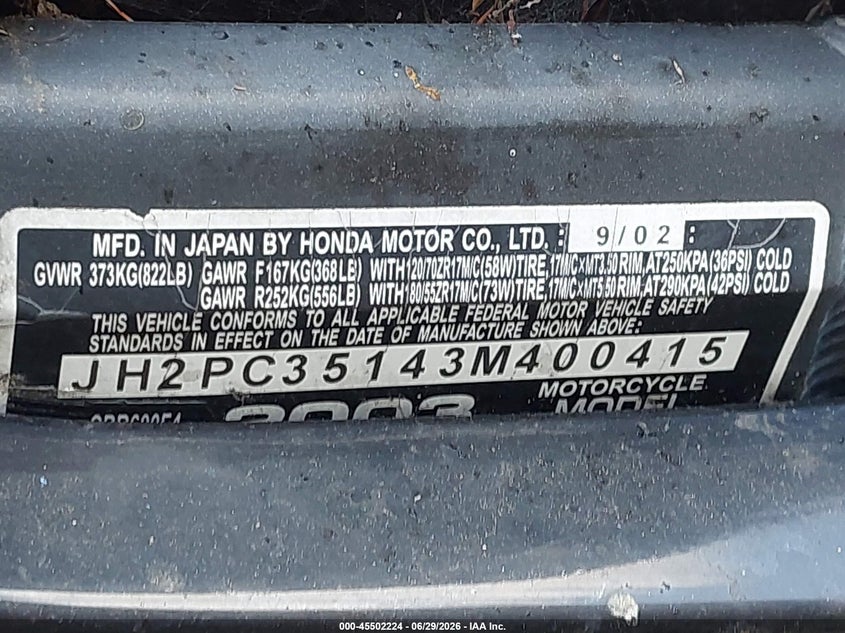 2003 Honda Cbr600 VIN JH2PC35143M400415 IAAI salvage auction — RIGHT FRONT, Clear - Dealer Only (California), sold $850 on 2026-07-07 (photo 9)