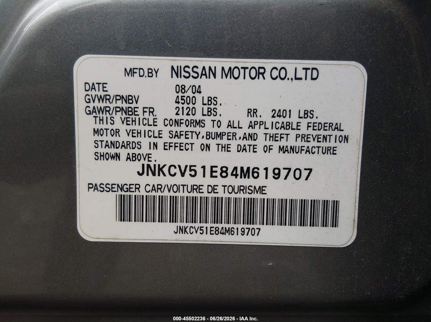 2004 Infiniti G35 VIN JNKCV51E84M619707 IAAI salvage auction — NORMAL WEAR, Clear (Rhode Island), sold $500 on 2026-07-28 (photo 9)