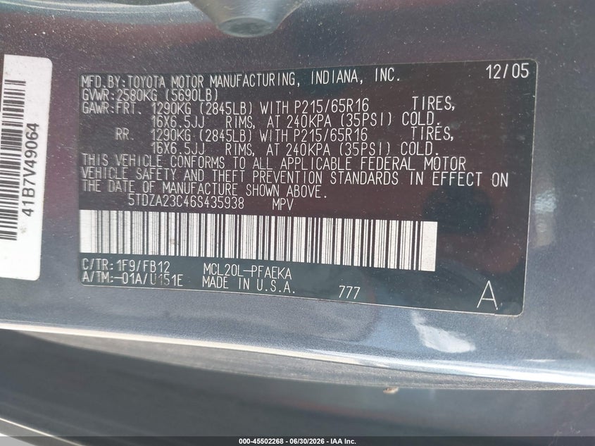 2006 Toyota Sienna VIN 5TDZA23C46S435938 IAAI salvage auction — NORMAL WEAR, Clear (Alabama), sold $850 on 2026-07-22 (photo 9)