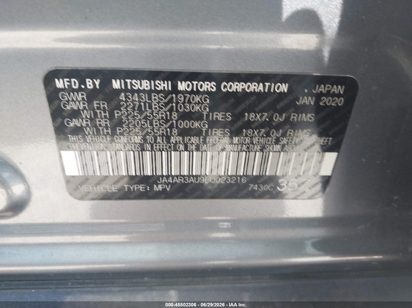 2020 Mitsubishi Outlander VIN JA4AR3AU9LU023216 IAAI salvage auction — FRONT END, Salvage Title, sold $25 on 2026-07-30 (photo 9)