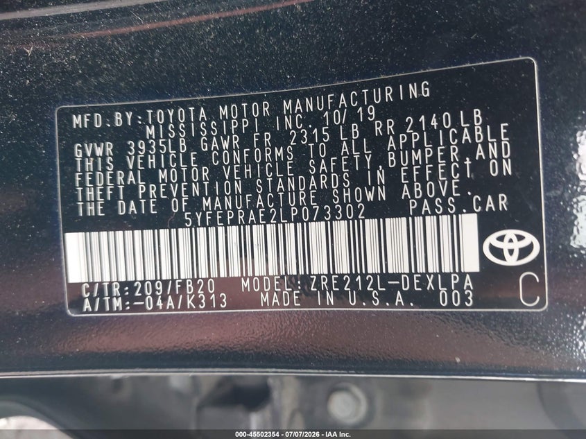 2020 Toyota Corolla VIN 5YFEPRAE2LP073302 IAAI salvage auction — FRONT END, Salvage - 75% Or Less (Maryland), sold $4,100 on 2026-07-20 (photo 9)