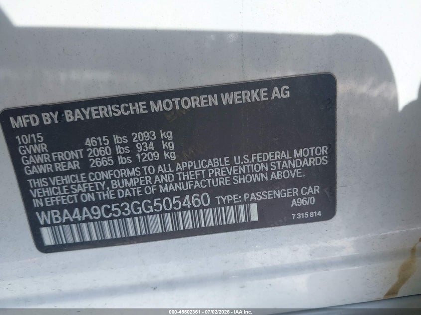2016 BMW 4er VIN WBA4A9C53GG505460 IAAI salvage auction — RIGHT SIDE, Salvage Title, sold $3,050 on 2026-08-20 (photo 9)