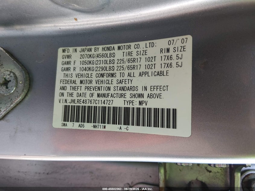 2007 Honda Cr-v VIN JHLRE48767C114727 IAAI salvage auction — REAR END, Salvage (Connecticut), sold $900 on 2026-07-16 (photo 9)