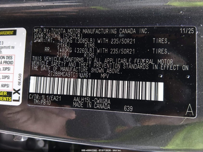 2026 Lexus Rx VIN 2T2BBMCA9TC110761 IAAI salvage auction — FRONT END, Wait Title, sold $33,025 on 2026-09-08 (photo 9)