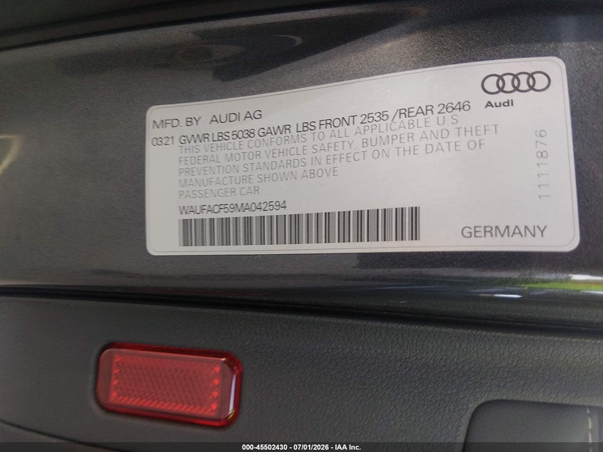 2021 Audi A5 VIN WAUFACF59MA042594 IAAI salvage auction — REAR END, Salvage Title, sold $13,600 on 2026-08-13 (photo 9)