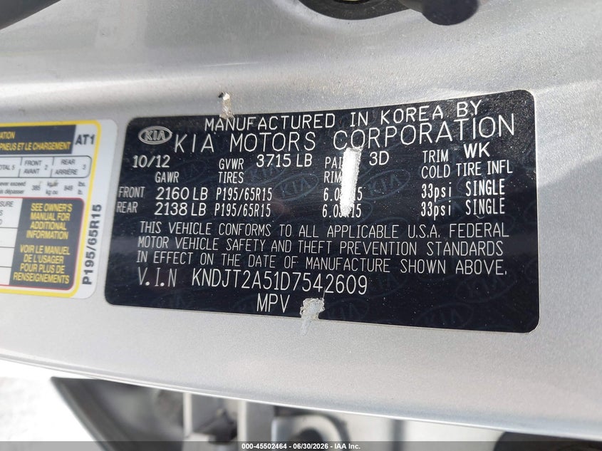 2013 Kia Soul VIN KNDJT2A51D7542609 IAAI salvage auction — REAR END, Clear (Arizona), sold $1,050 on 2026-07-13 (photo 9)