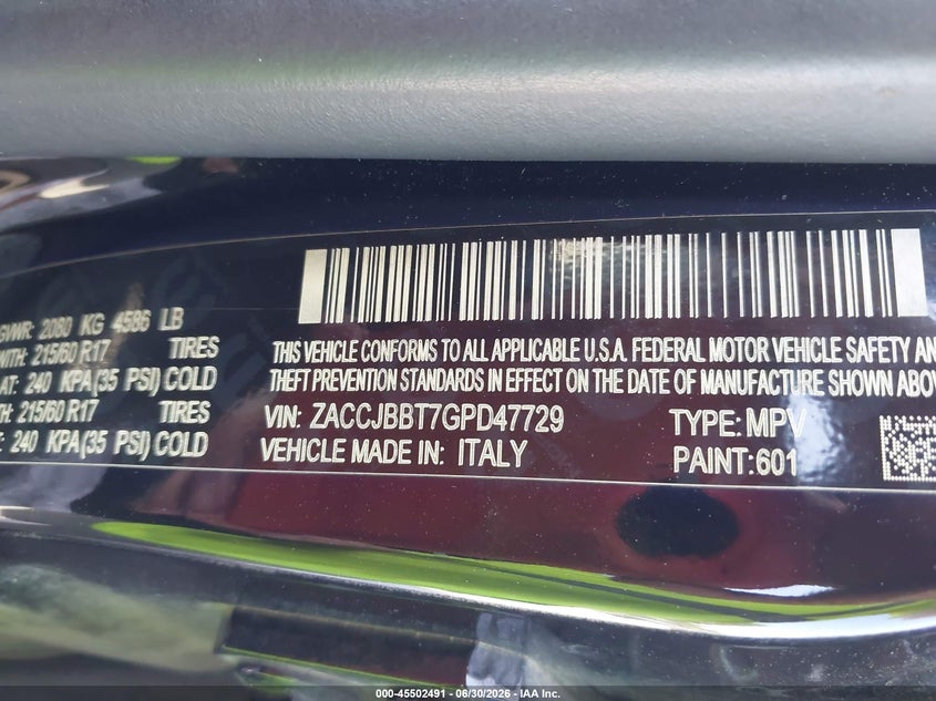 2016 Jeep Renegade VIN ZACCJBBT7GPD47729 IAAI salvage auction — RIGHT SIDE, Salvage Title, sold $1,450 on 2026-08-10 (photo 9)