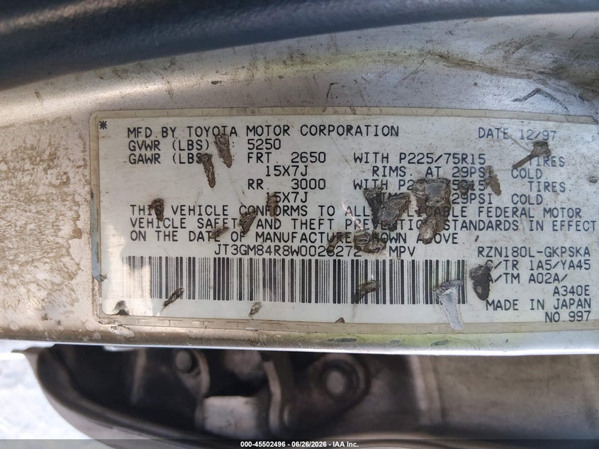 1998 Toyota 4runner VIN JT3GM84R8W0026272 IAAI salvage auction — NORMAL WEAR, App For Dup Clear (California), sold $350 on 2026-07-08 (photo 9)