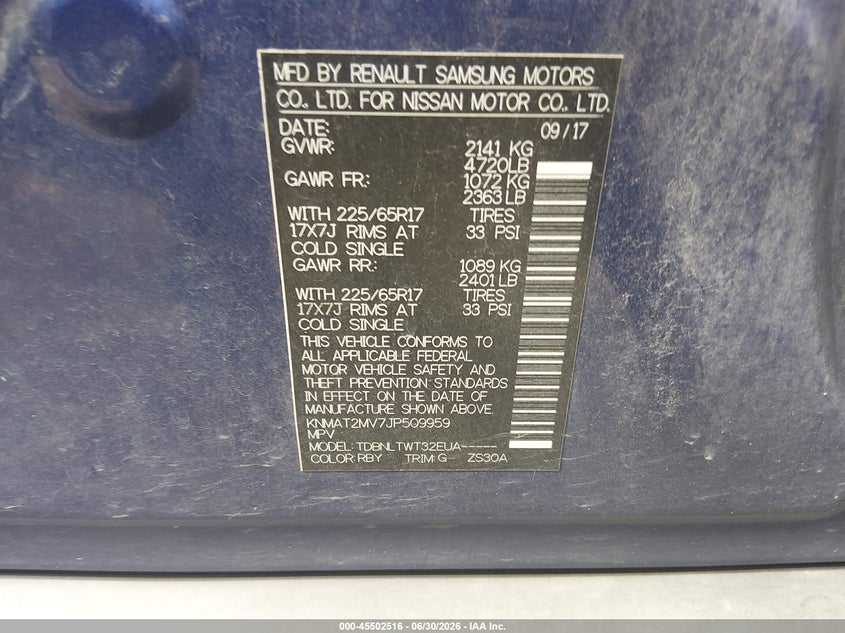 2018 Nissan Rogue VIN KNMAT2MV7JP509959 IAAI salvage auction — FRONT END, Salvage (Ohio), sold $425 on 2026-07-22 (photo 9)