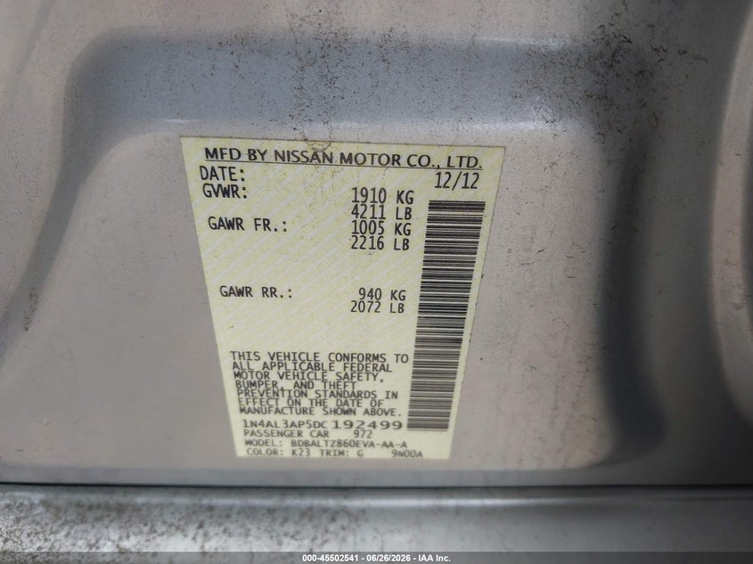 2013 Nissan Altima VIN 1N4AL3AP5DC192499 IAAI salvage auction — NORMAL WEAR, Clear (Pennsylvania), sold $400 on 2026-07-06 (photo 9)