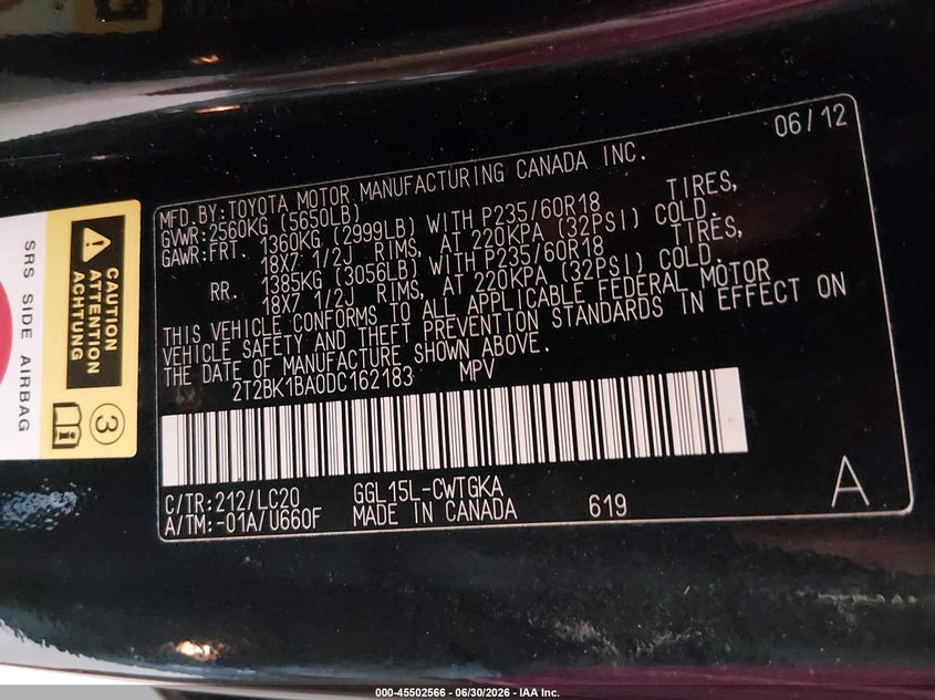2013 Lexus Rx VIN 2T2BK1BA0DC162183 IAAI salvage auction — FRONT END, Salvage Title, sold $4,550 on 2026-07-19 (photo 9)