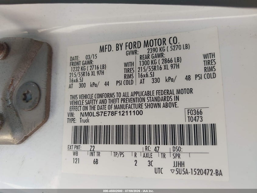 2015 Ford Transit VIN NM0LS7E78F1211100 IAAI salvage auction — LEFT FRONT, Salvage (Idaho), sold $1,050 on 2026-07-28 (photo 9)