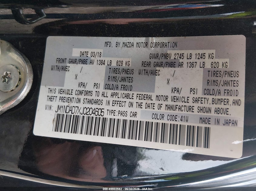 2018 Mazda Mx-5 VIN JM1NDAD7XJ0204605 IAAI salvage auction — UNKNOWN, Salvage (Idaho), sold $6,000 on 2026-07-12 (photo 9)