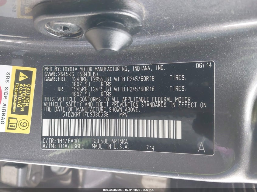 2014 Toyota Highlander VIN 5TDZKRFH7ES030538 IAAI salvage auction — FRONT END, Clear - Dealer Only (California), sold $4,375 on 2026-07-29 (photo 9)