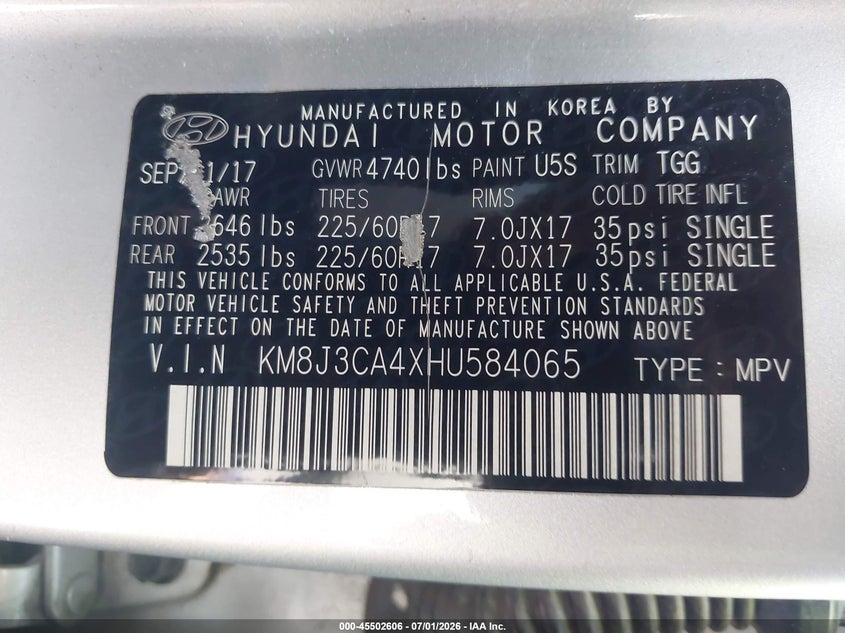 2017 Hyundai Tucson VIN KM8J3CA4XHU584065 IAAI salvage auction — FRONT END, Salvage (North Carolina), sold $2,000 on 2026-07-22 (photo 9)