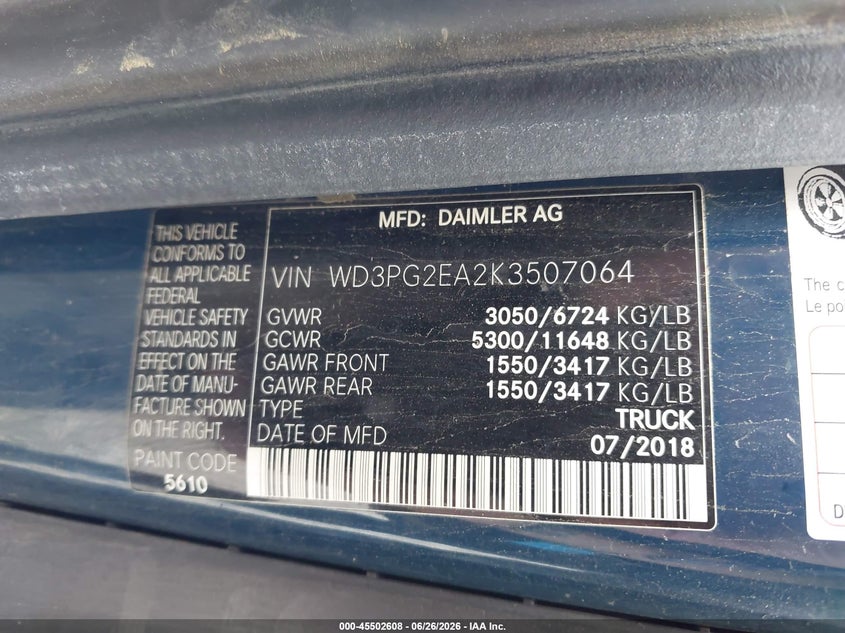 2019 Mercedes-benz Metris VIN WD3PG2EA2K3507064 IAAI salvage auction — NORMAL WEAR, Sf97 (New York), sold $5,100 on 2026-07-23 (photo 9)