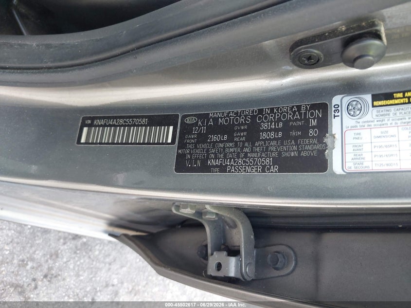 2012 Kia Forte VIN KNAFU4A28C5570581 IAAI salvage auction — FRONT & REAR, Rebuildable (Florida), sold $800 on 2026-07-27 (photo 9)