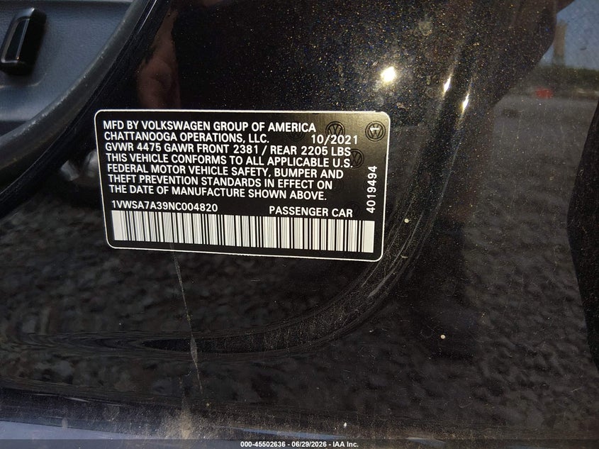 2022 Volkswagen Passat VIN 1VWSA7A39NC004820 IAAI salvage auction — NORMAL WEAR, Clear (Mississippi), sold $4,250 on 2026-07-10 (photo 9)